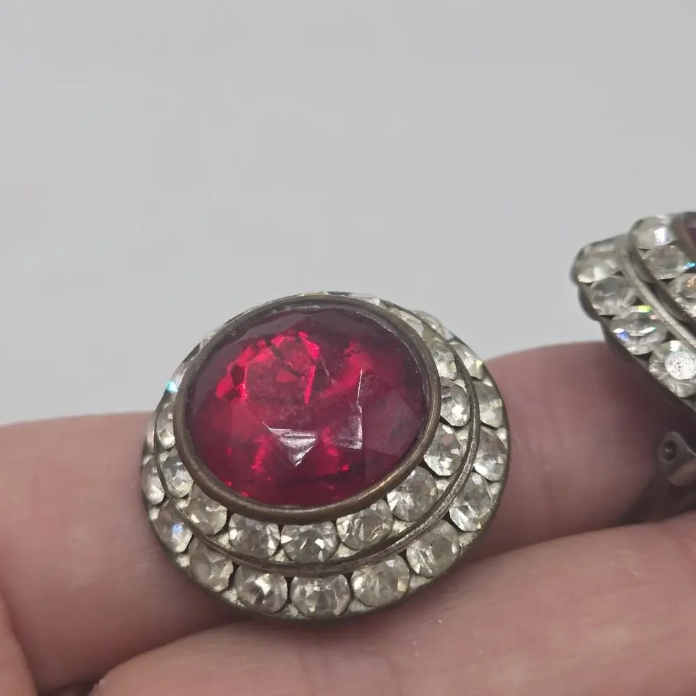 Vtg Rhinestone Clip On Earrings Ruby Red Glass Double Halo Headlight Hollywood
